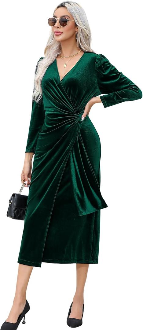 R.Vivimos Womens Velvet V Neck Wrap Dress Fall Winter Long Sleeve Waist Ruched Elastic Elegant Midi Dress (Medium)