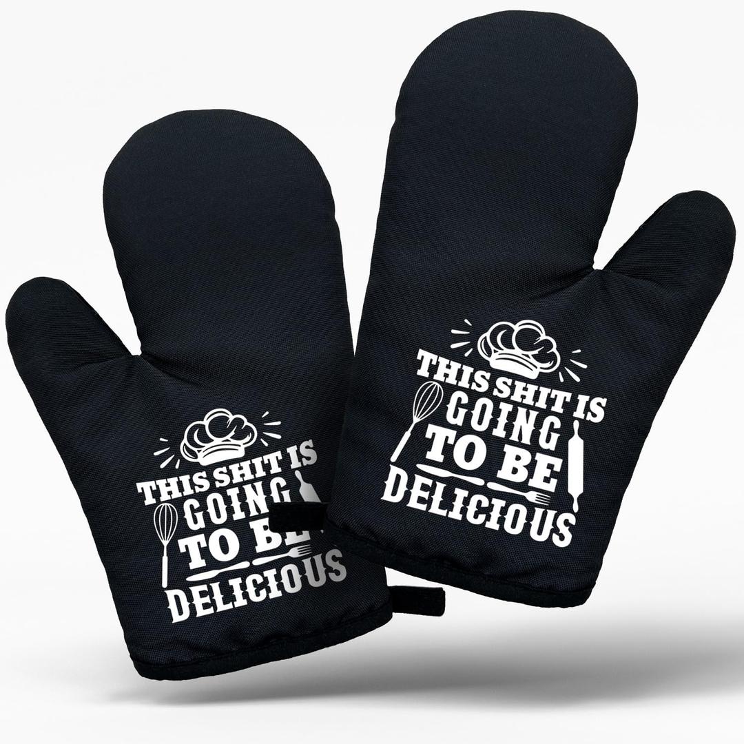 Funny Women Men Cooking and Baking BBQ Kitchen Gadgets with Heat Resistant Silicone Non-Slip, This Sxxt is Going to be Delicious Oven Mitts Set of 2, Gifts for Bake Lover Mom Dad Friends Chef
