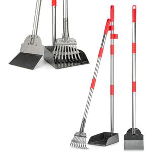 FUSBUNTY Pooper Scooper, Long Handle Dog Pooper Scooper, Heavy Duty Stainless Steel Rake with Tray & Spade Set for Pet Waste Removal, for Grass, Dirt or Gravel (Red)