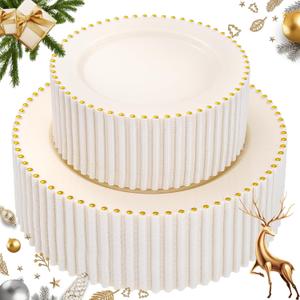 supernal 100pcs Ivory Plastic Plates with Gold Beads - Heavy Duty Christmas Disposable Plates Set Include 50 Cream Plastic Dinner Plate and 50 Dessert Plate Perfect for Wedding & Christmas Party