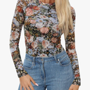 Floral Mesh Top for Women Crew Neck Long Sleeve See Through Tee Shirts Fitted Sexy Going Out Tops size 73