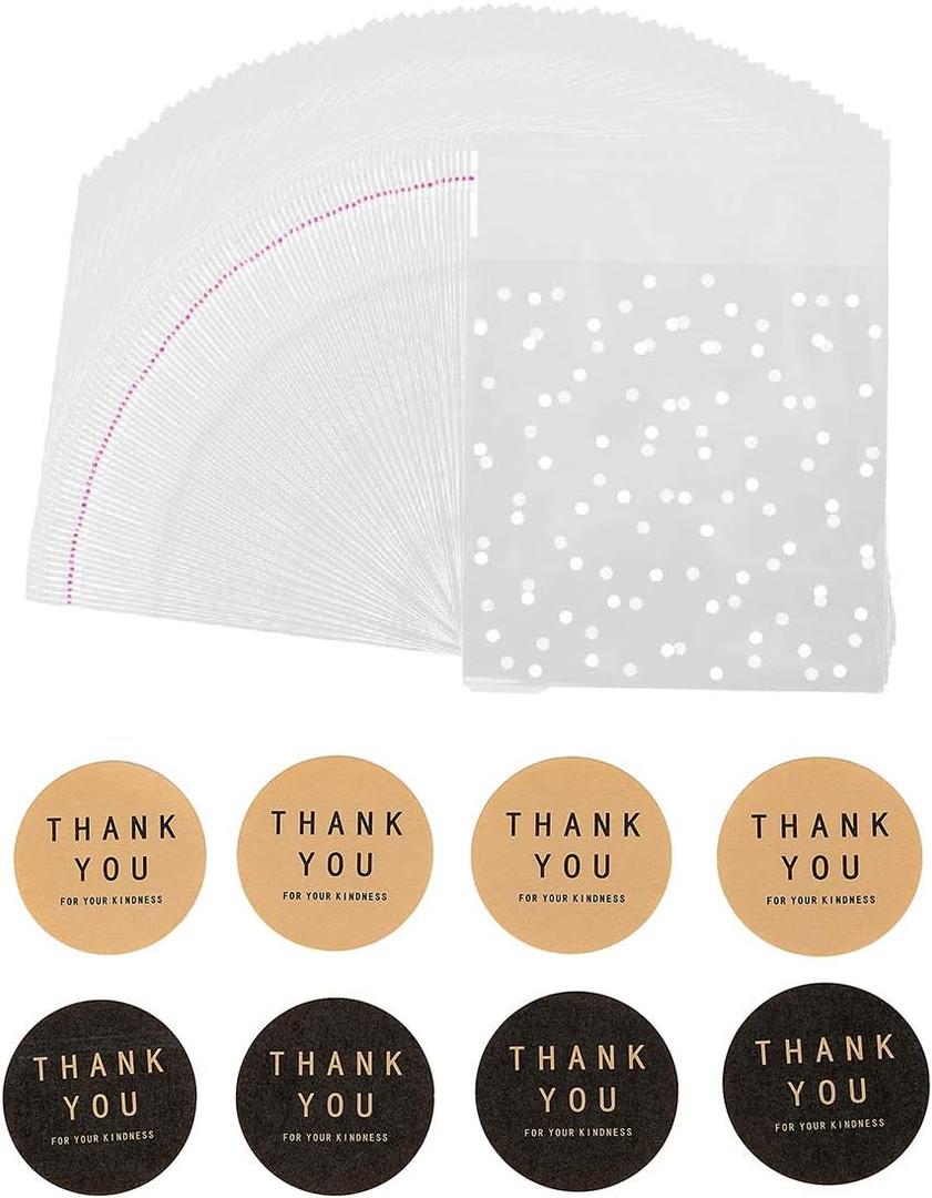 400PCS White Polka Dot Treat Bags Set Self Adhesive Candy Cookie Bags Set, 200 Cellophane Bags + 200 Thank You Sticker for Bakery Biscuit Chocolate Snacks Dessert (5.5x5.5Inches)