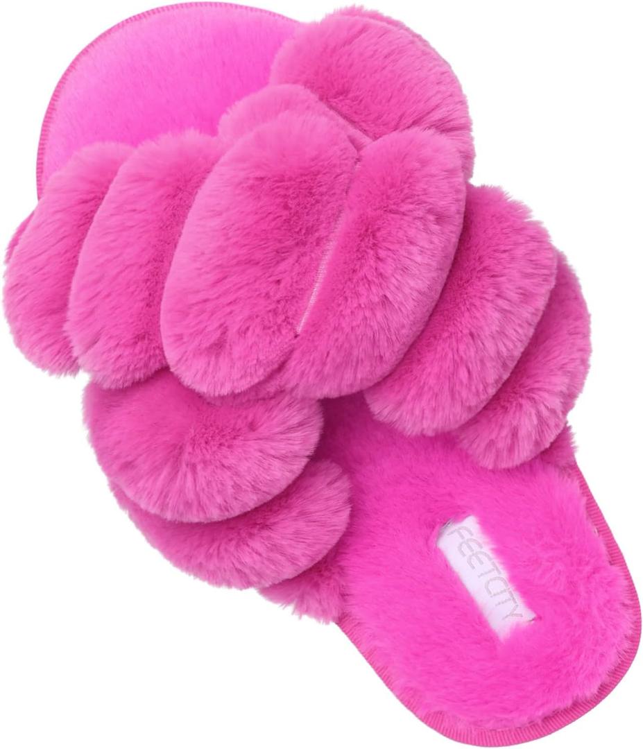 JIASUQI Women's Open Toe Slippers Fuzzy Fluffy House Slippers for Women Cozy Criss Cross Furry Slides Slippers (6-7)