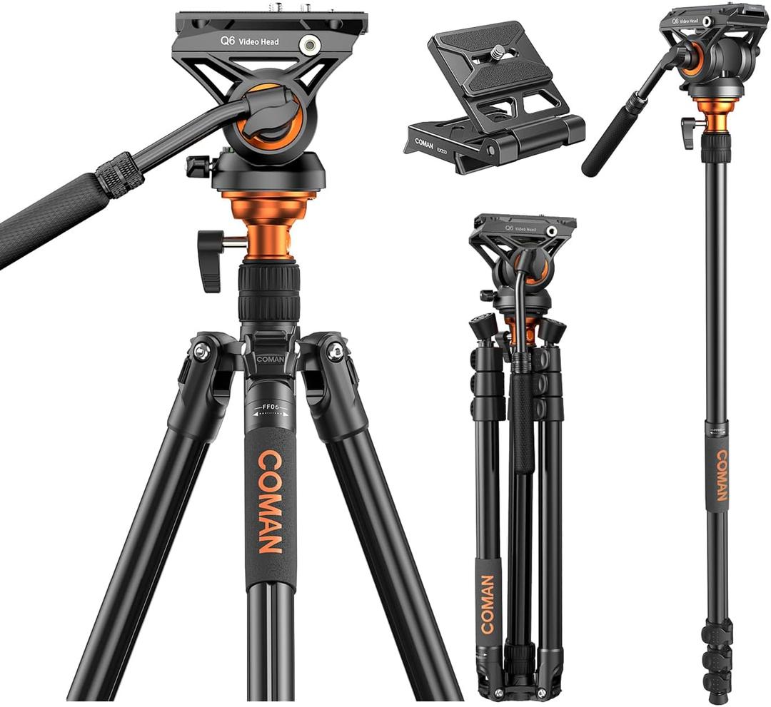 COMAN 73" Camera Tripod with Fluid Head, Lightweight Portable Tripod for Camera with Detachable Monopod Aluminium Alloy and QR Plate for DJI Canon Nikon Sony DSLR Camera Black Max Load 22.04lb(FF06S)