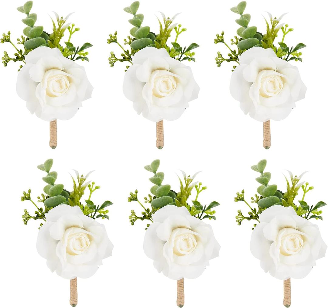 Meldel Ivory Rose Boutonniere for Men,Set of 6,Groom and Best Man Boutonnieres with Artificial Flower,for Wedding Ceremony Anniversary, Formal Dinner Party, Fall Vintage Rustic Marriage Prom