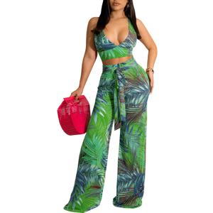 YouSexy Women's 2 Piece Wide Leg Pant Sets Floral Tie Front Crop Tops Long Pants Metching Outfits (Af-green), Small
