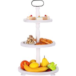 Urban Deco Wooden Tiered Tray 3-Tier Decorative Tray Stand Farmhouse Serving Tray, Round Wooden Cupcake Display Stand with Metal Handle, White Tiered Fruits Tray for Home Party Decorations