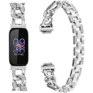 Metal Band Compatible with Fitbit Inspire 3 for Women Shiny Rhinestone Bracelet Strap Adjustable Replacement Watchband for Inspire 3 Fitness Tracker (Silver)