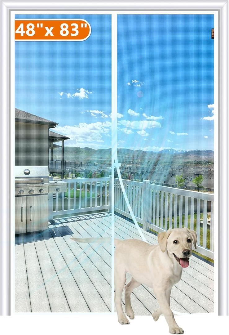 MAGZO Magnetic Screen Door Fit Door Size 48 x 83 Inch, Screen Size 50" x 84" Strong Magnet Door Mesh with Reinforced Hook & Loop for Patio, Sliding, French, White