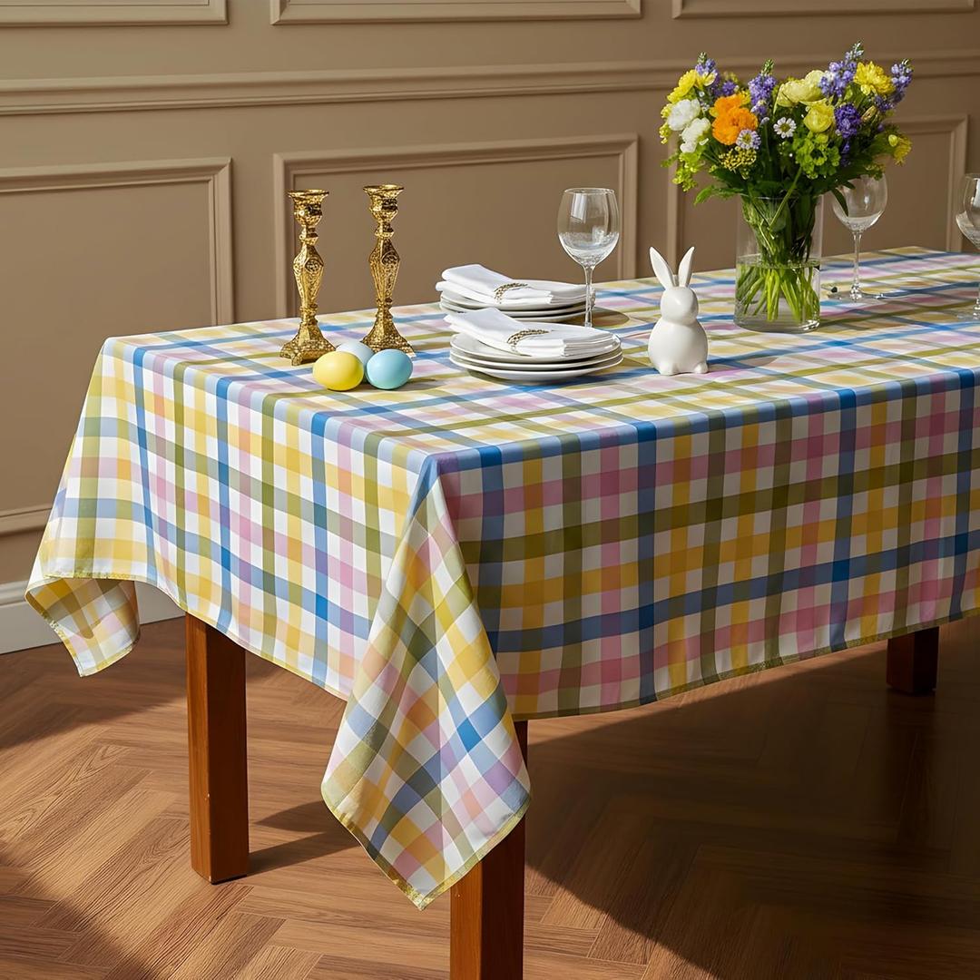 Easter Waterproof Polyester Tablecloth, Pastel Checkered Fabric Table Cover for Spring Party, Kitchen Dining Decor, Easy Care Cloth Tablecloth for Indoor Outdoor Use, W60 x L120 in