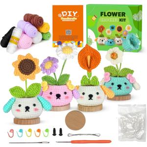 SERENI Crochet Kit for Beginners, Crochet Kit for Adults, 4PCS Flower Crochet Starter Kit with Step-by-Step Video Tutorials, Fun & Relaxing Craft Kit with Hooks & Tools (40%+ Yarn)