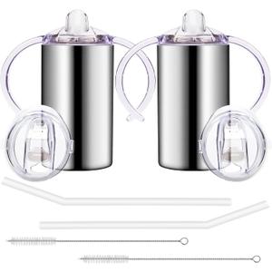 12oz Stainless Steel Sippy Cups for Toddlers with Handles, Spill Proof Double Wall Vacuum Insulated Sippy Cups, Kids Straw Cups with Extra Lids for School, Outdoor, 2 Pack