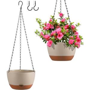 Set of 2 Hanging Planters for Indoor Outdoor Plants, 10 Inch Self-Watering Hanging Flower Pots with Drainage Hole & Removable Water-Storage Tray (Hooks) (Beige)