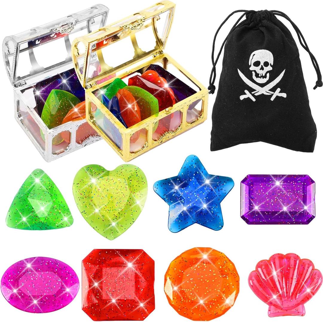MARFOREVER 18 Pcs Big Diving Gem Pool Toys - 16 Colorful Sinking Diving Gems Underwater Crystals Swim Pool Toys with 2 Treasure Chest Pirate Boxes Acrylic Gemstones Set for Summer Party Favors