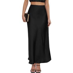 Women's Satin Maxi Skirt High Waisted Elastic Waistband Silk A-Line Casual Party Leopard Print Long Skirts for Women (Black, XS)