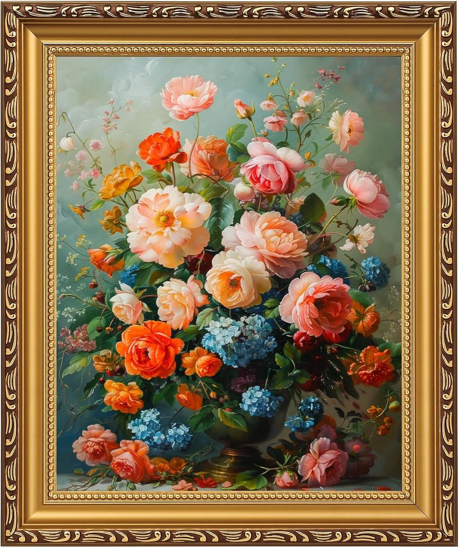 MIEVU Gold Vintage Framed Wall Art - Canvas Wall Art Prints for Living Room Decor Bedroom Home Bathroom, 8x10in Floral Flower Frame Wall Decor (Floral 10)