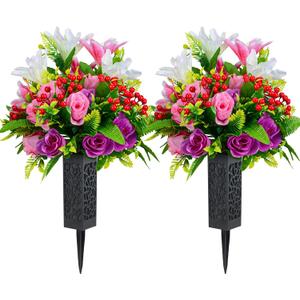 Set of 2 Artificial Cemetery Flowers, Artificial Rose Lily Grave Memorial Flowers with Black Plastic Vase for Cemetery Headstones Gravesite Decoration