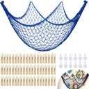 Large Fish Net Decorations for Party, Natural Cotton Hawaiian Party Fishing Net Wall Clip Photo Holders, Fishnet Under Sea Pirate Ocean Nautical Themed Beach Decor DIY, 79"x158" inch, Blue