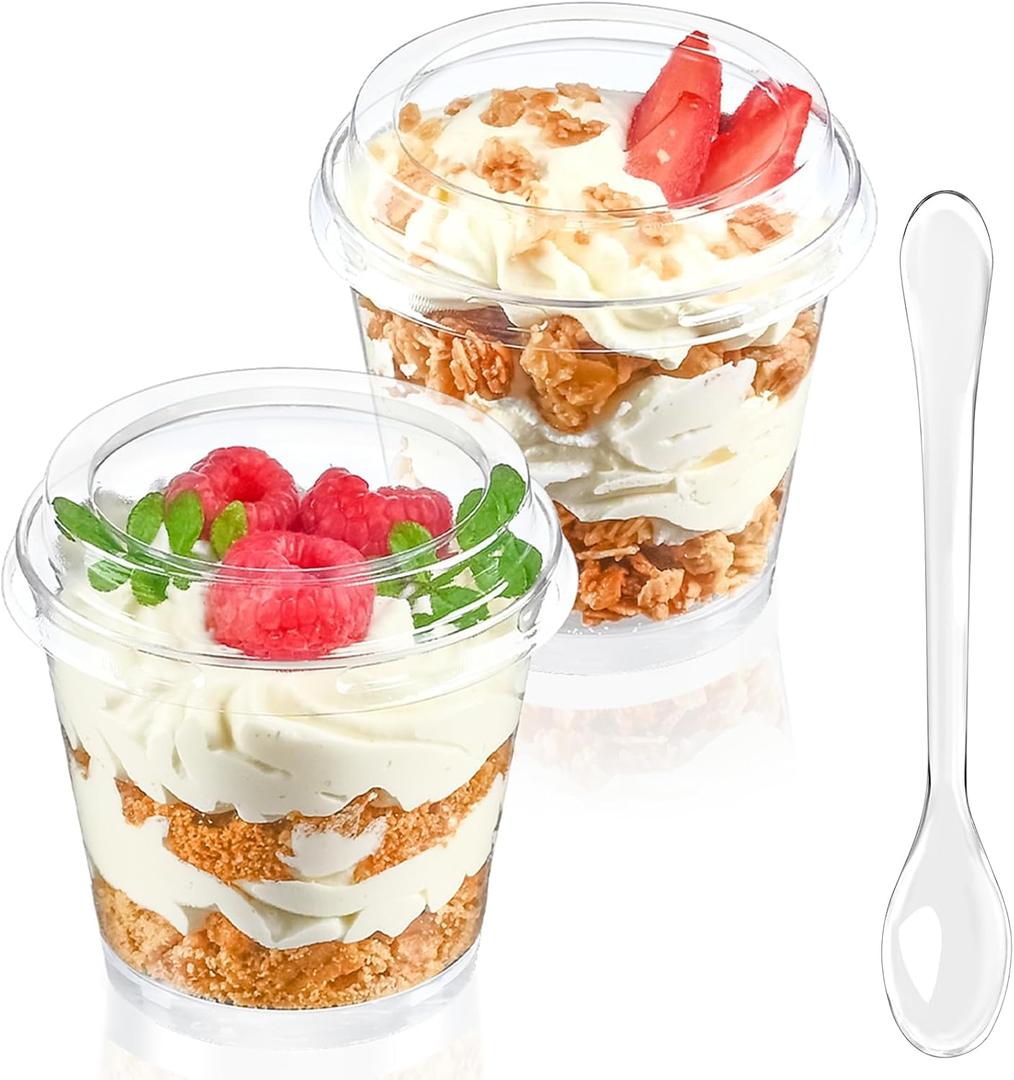 TOFLEN 6 oz Mini Dessert Cups with Lids and Spoons 150 Pcs | Serves 50 | Small Plastic Cake Cups Round Party Serving Cups for Parfait, Appetizers, Mousse, Dessert Shot Glasses