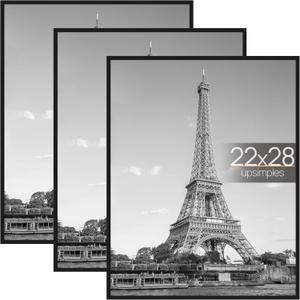 upsimples 22x28 Poster Frame Black 3 Pack, Scratch-Proof Picture Frames 22 x 28 for Photo Gallery - Slide-in Strips, Horizontal or Vertical Wall Mounting