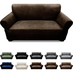Loveseat Sofa Slipcover Leather Look Couch Covers for 2 Seater Couch Sofa 1-Piece Sofa Cover Stretch Furniture Protector with Elastic Bottom & Pockets(Loveseat, Coffee)