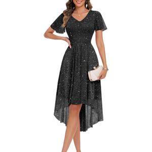 BeryLove Sequin Prom Wedding Guest Cocktail Glitter Dress Aline Dress Evening Classy Party Midi Short Sleeve Dresses 0041 Black M