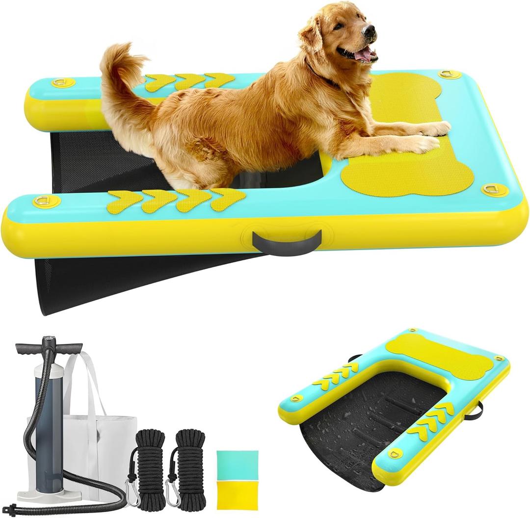 Inflatable Dog Pool Float Ramp - 60'' x 40'' Floating Dock Platform for Dogs Up to 240 lbs, Non-Slip EVA Floating Platform with Water Ramp Ladder Dog Pool Ramps Float for Pool, Dock, Lake, Boat