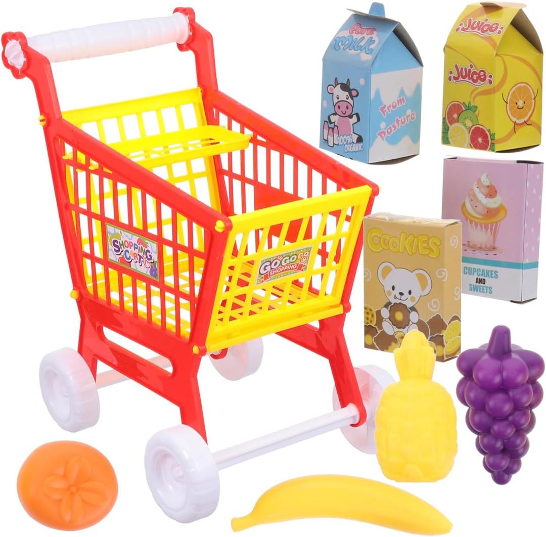 Kids Early Education Play Cart Toy Set - Fun Grocery Shopping Cart with Fake Fruits and Vegetables for Toddlers (Red)