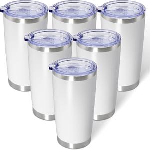 AIANJI 20oz Tumbler Bulk Stainless Steel Tumblers with Lid Vacuum Insulated Double Wall Travel Coffee Mug Powder Coated Tumbler Cup for Hot and Cold Drinks(White, 6 pack)