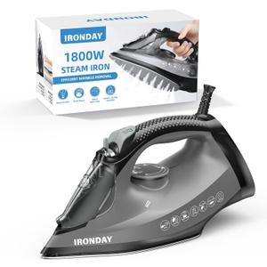 IRONDAY Steam Iron for Clothes, 1800W with 20.28oz Water Tank,Ceramic Soleplate,3-Way Auto-Off, 20s Fast Heat-up,Burst of Steam, Precision Tip,Self-Clean, Anti-Calc, Vertical Steamer for All Fabrics