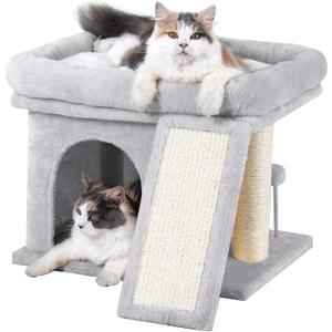14in Cat Tree Tower with 20 * 16.5in Perch Bed and Washable Top for Large Adult Cats, Condo and Scratching Post for Indoor Kitten Pet, Light Gray