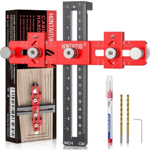 Enhanced Model Cabinet Hardware Jig,Adjustable Cabinet Handle Template Tool for Knobs,Handles and Pulls,Drawer Hardware Jig for Drawer Cabinet Installation,High Precise Woodworking Drill Guide (Red)