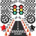 Letsroar Race Car Birthday Party Decorations - Race Car Party Decorations Include Racing Banner & Checkered Flags, Race Car Themed Foil Balloons & Fringe Curtains, Racetrack Floor Runner, Mini Cones