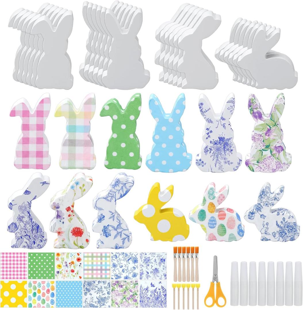BrightRow 24 Set DIY Easter Unfinished Wood Bunny Set for Crafts Decoupage Your Own Wooden Bunny with Easter Statue Decoupage Napkins Glue Sponge Brush Paint Brush for Home Decor DIY Arts Crafts