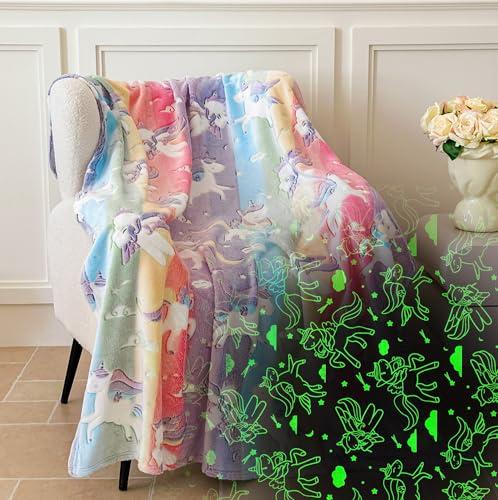Glow in The Dark Unicorn Blanket for Kids – 280GSM Thick Flannel, Super Soft Cozy Fleece Throw, Cute Birthday Gift for Girls & Boys, Magical Glowing Blanket for Bed, Couch & Travel