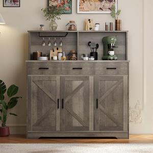 GarveeHome Farmhouse Sideboard Buffet with Microwave Stand, Barn Doors Buffet Storage Cabinet with Drawers and Shelves, Wood Coffee Bar Cabinet for Kitchen, Dining Room, Living Room, Grey