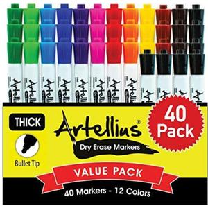 Artellius Dry Erase Markers - Low Odor Ink & Whiteboard Markers - Washable Dry Erase Pens for Kids & Teacher Supplies - School Supply Bulk & Classroom Must Haves - Pack of 40, Assorted Colors