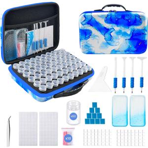 Diamond Art Storage Containers with Dot Drill Tools,60 Slots Bead Organizer Case for 5D DIY Art Kits, Portable Craft Box for Diamond Painting Accessories (Blue) (Medium)