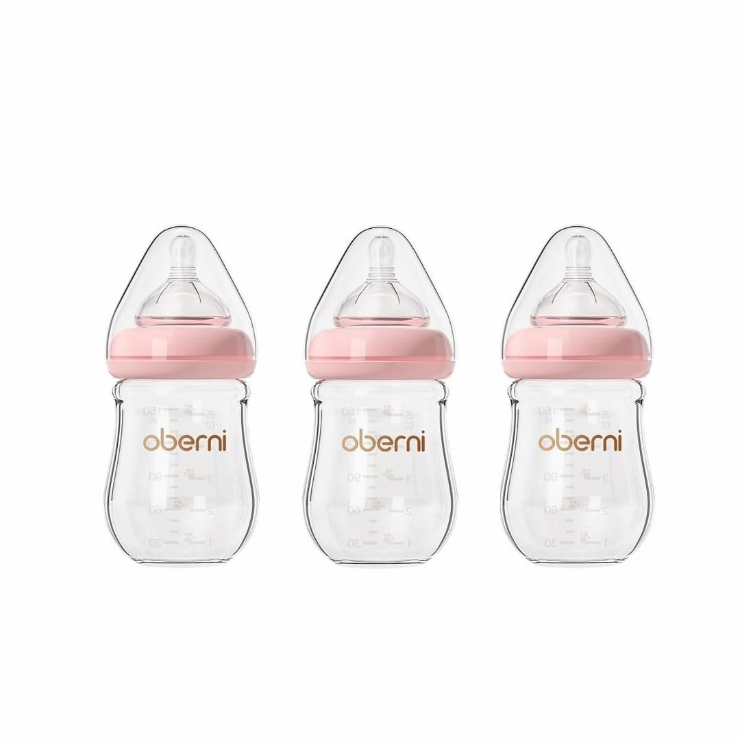 Oberni Glass Baby Bottles,Anti Colic Breastfeeding Bottle with Natural Response Nipple Size S,Wide Neck Slow Flow Baby Bottle for Baby,Newborn,Preemie 0-3 0-6 Month,BPA Free (Pink, 5 Ounce3 Pack)