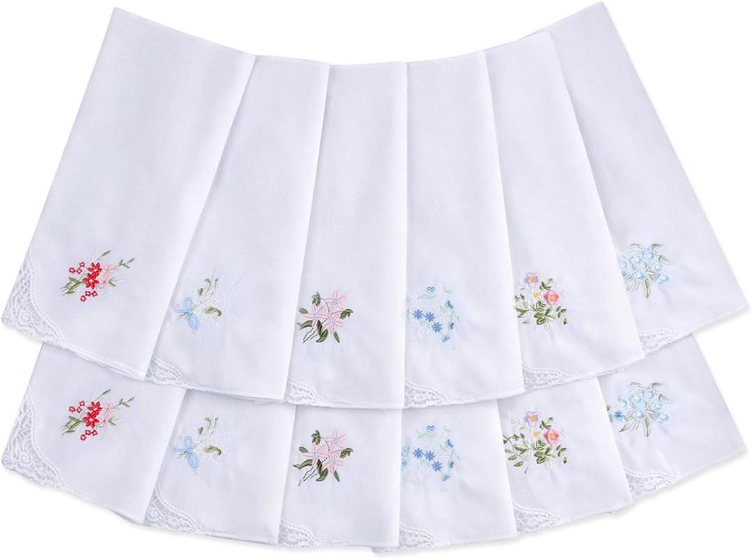 Ladies Handkerchiefs for Women Soft Cotton Flower Embroidered Handkerchief Women Vintage Floral Lace Handkerchiefs for Wedding Party (White)