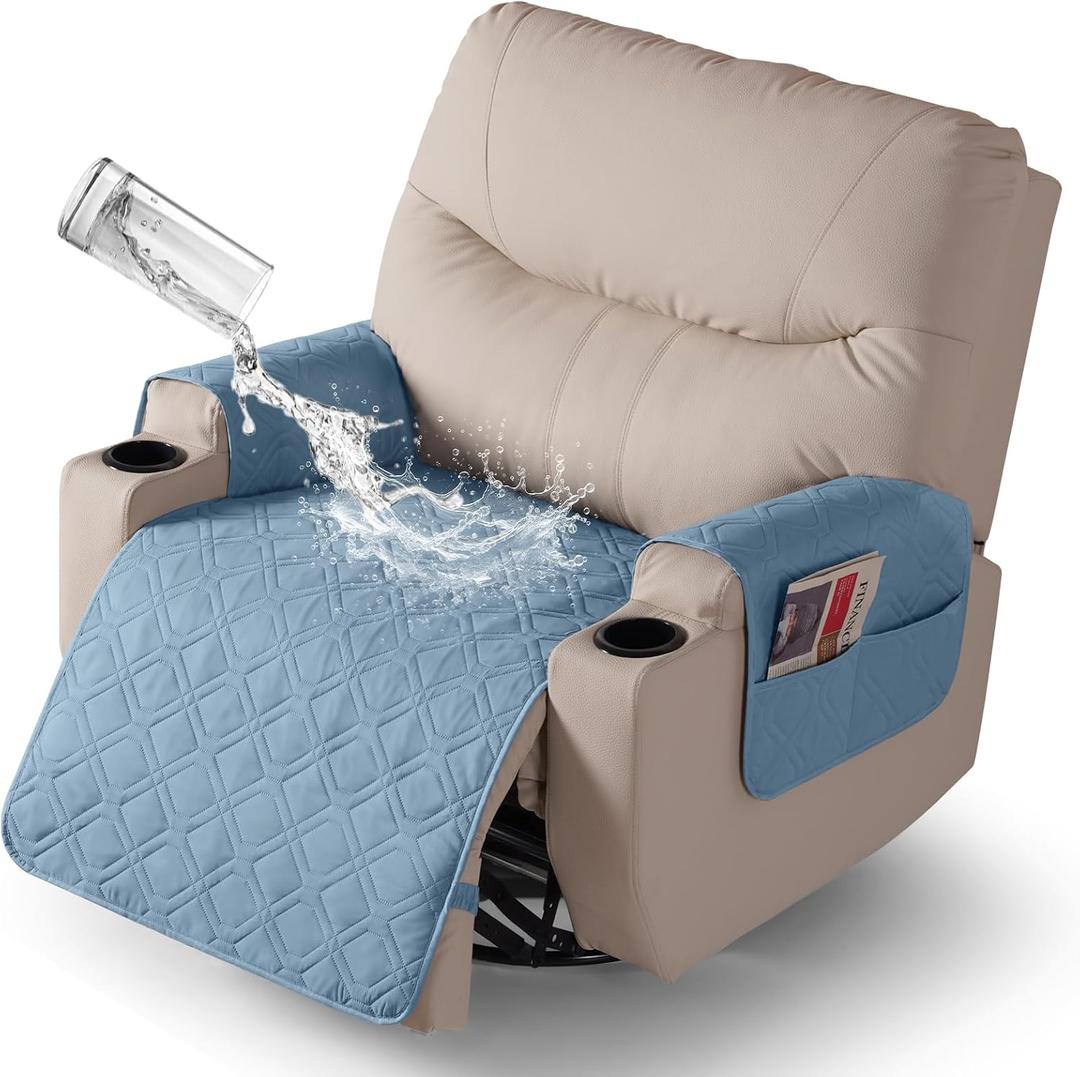 VANSOFY Recliner Chair Covers 100% Waterproof Seat Cover with Arm Reclining Cover Non-Slip Recliner Chair Covers Furniture Protector Washable Slipcover with Pocket for Pets, Dogs(Azuree, 28")