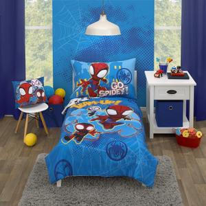 Disney Marvel Spidey and his Amazing Friends Spidey Team Red, White, and Blue 4 Piece Toddler Bed Set - Comforter, Fitted Bottom Sheet, Flat Top Sheet, and Reversible Pillowcase