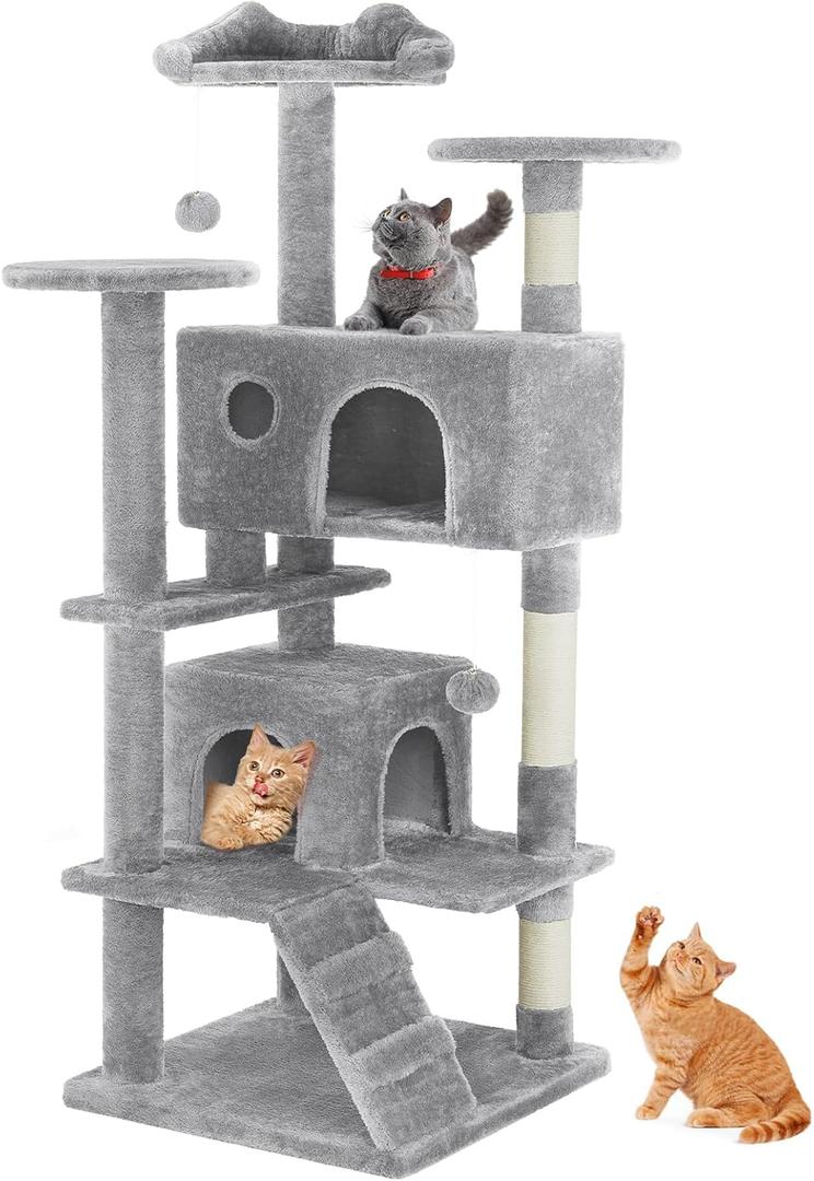 Sweetcrispy 54 Inch Cat Tree Tower, Multi-Level with Cat Scratching Post, Indoor Cat Condo with Climbing Ladder, Plush Toy, Play House for Cat, Light Grey Sweetcrispy 54 Inch Cat Tree Tower, Multi-Level with Cat Scratching Post, Indoor Cat Condo with Climbing Ladder, Plush Toy, Play House for Cat, Light Grey