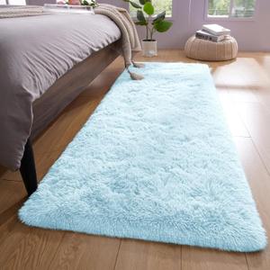 YJ.GWL Runner Rugs for Hallway, 2x4 Washable Small Light Blue Bedside Rugs for Living Room Bedroom, Soft Fluffy Shaggy Indoor Floor Carpet for Kids Boy and Girls Room Nursery Home Decor Aesthetic