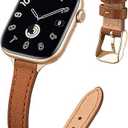 STIROLL Slim Leather Bands Compatible with Apple Watch Band 38mm 40mm 41mm 42mm(Series 10), Top Grain Leather Watch Thin Wristband for iWatch Ultra SE Series 10(Brown with Gold)