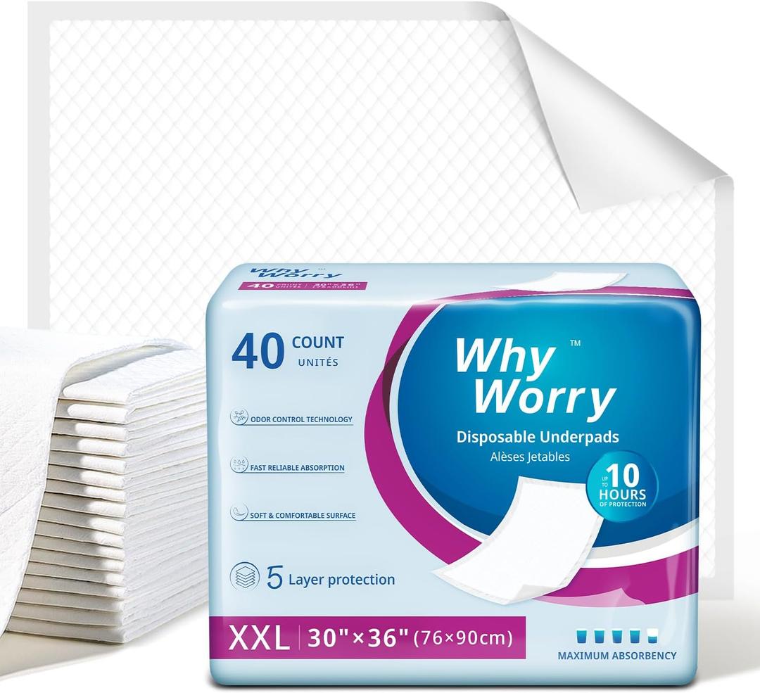 WhyWorry Extra Large Disposable Bed Pads 30" x 36", Super Absorbent Leakproof Incontinence Underpads for Surface Protection, Thick Quilted Chucks Pee Pads for Adults and Babies, 40 Count