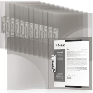 Teling 12 Pack Punchless Clamp Binder Folder 8.5 x 11 Inch Ringless Binder Holds with Pocket, Flexible Metal Clip and Poly Covers, 100 Letter Size Pages, for Work, School (Transparent Gray)