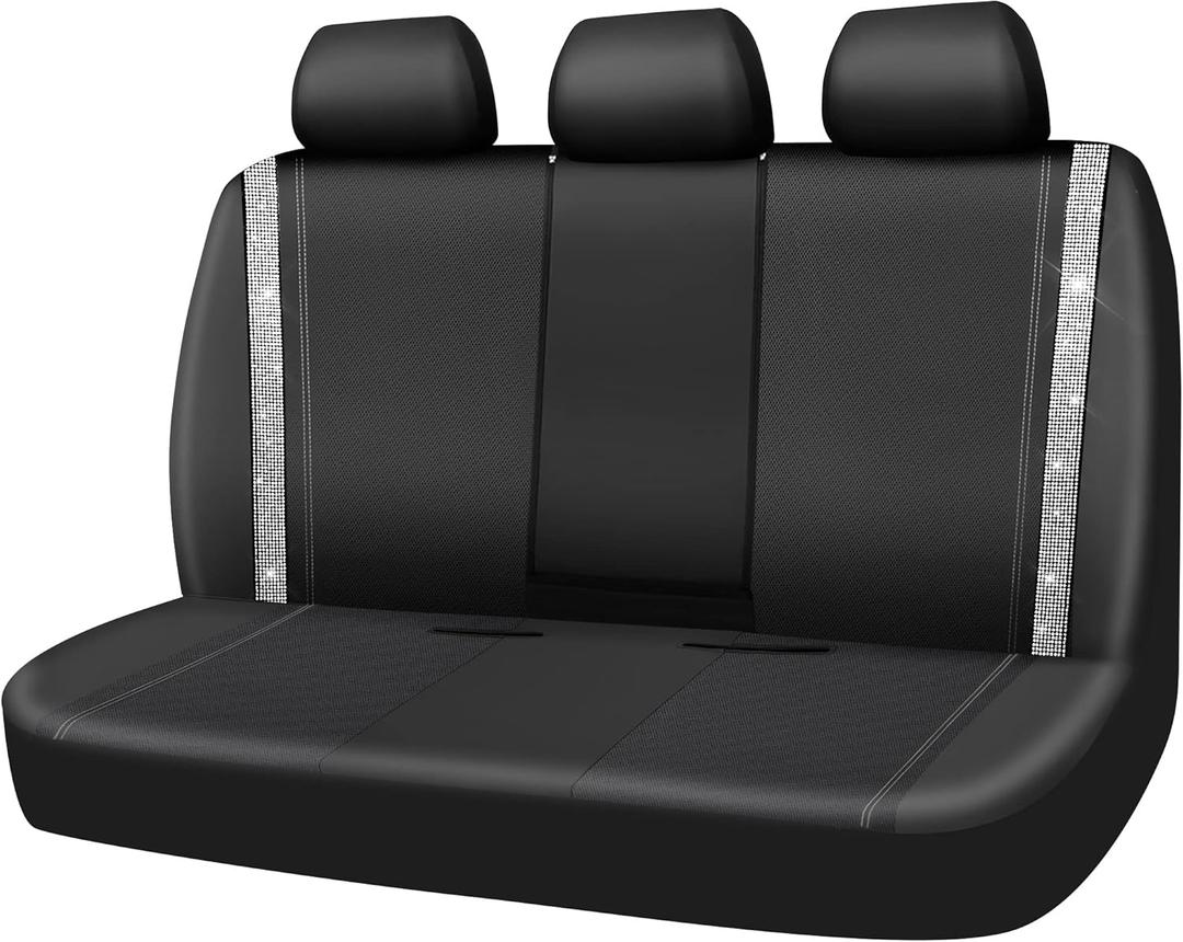 CAR PASS Bling Rhinestone&Leather Back Seat Cover, Waterproof Bench Rear Seat Cover Shining Diamond Universal Fit Automotive Glitter Crystal Sparkle Strips for Kid Women Girl, Silver Diamond
