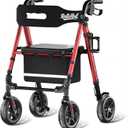 Walkers for Seniors Taller 5.3~7ft, Lightweight Foldable Rollator Walker, Built in Cable, Reinforced Aluminum Frame, 8" Big Rubber Wheels for All Terrain, 350lb Weight Capacity, Burgundy