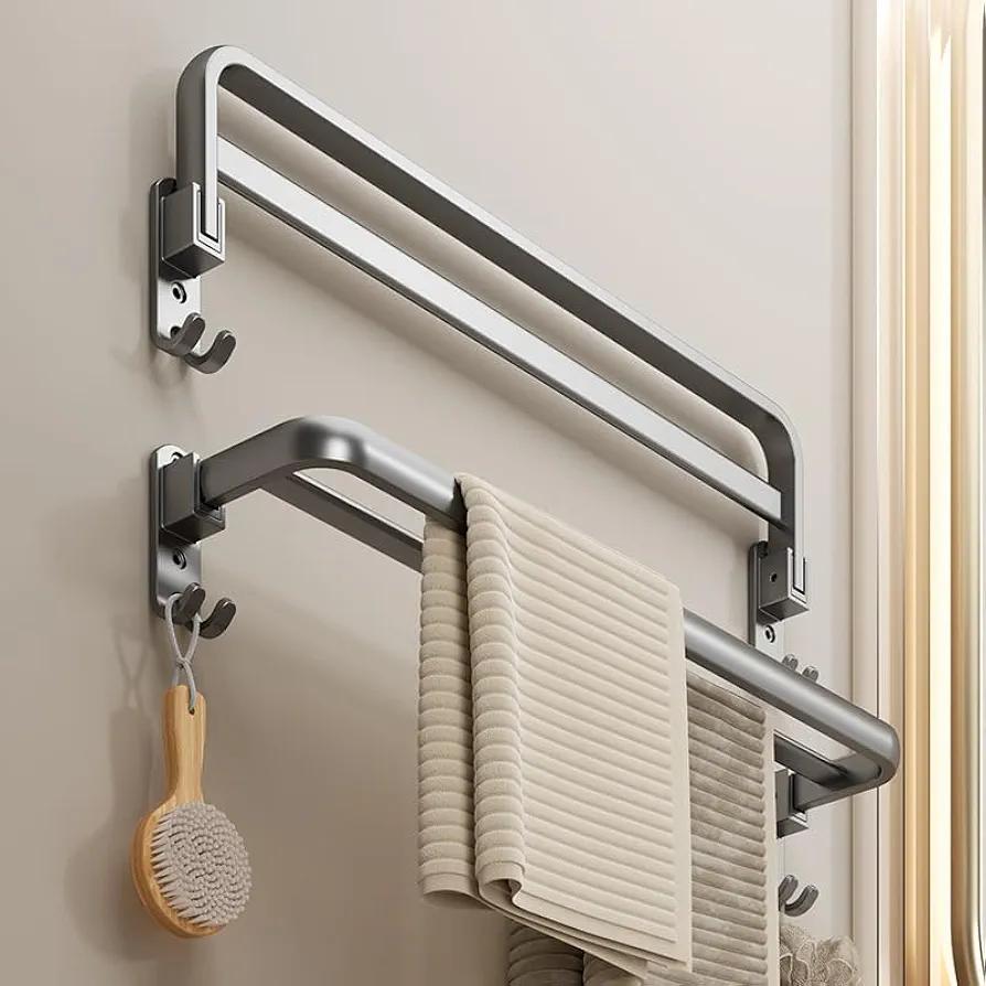 Adhesive No Drill Wall Mounted Towel Rack - 19.7" Rustproof Aluminum Bathroom Towel Holder, Lightweight Space Gray Stick-On Towel Rod (1-Piece)